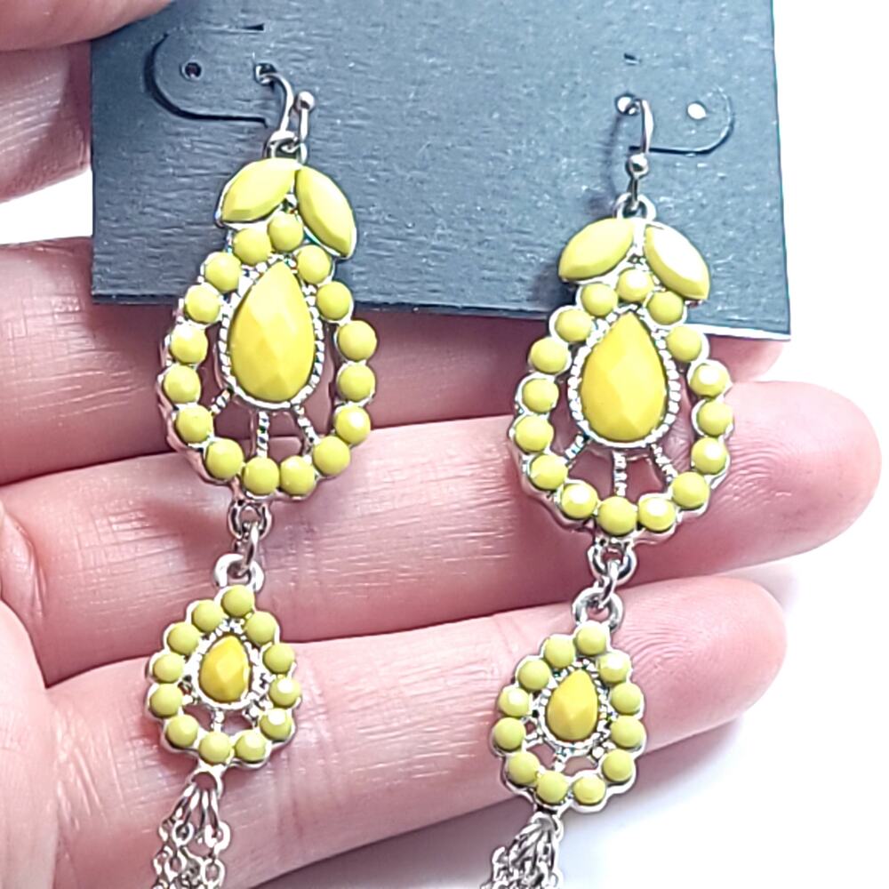Yellow and Silver Tone Dangle Earrings, Vintage Style with Chain Detail